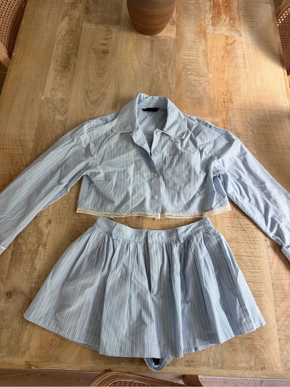Zara Light Blue & White Striped Crop Shirt and Pleated Skirt Set